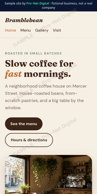 Watermarked screenshot of the Bramblebean Coffee House sample site on a phone