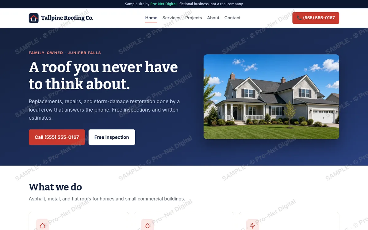 Watermarked screenshot of the Tallpine Roofing Co. sample site on desktop