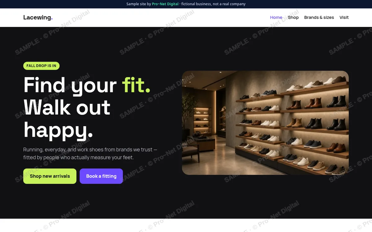Watermarked screenshot of the Lacewing Shoe Co. sample site on desktop
